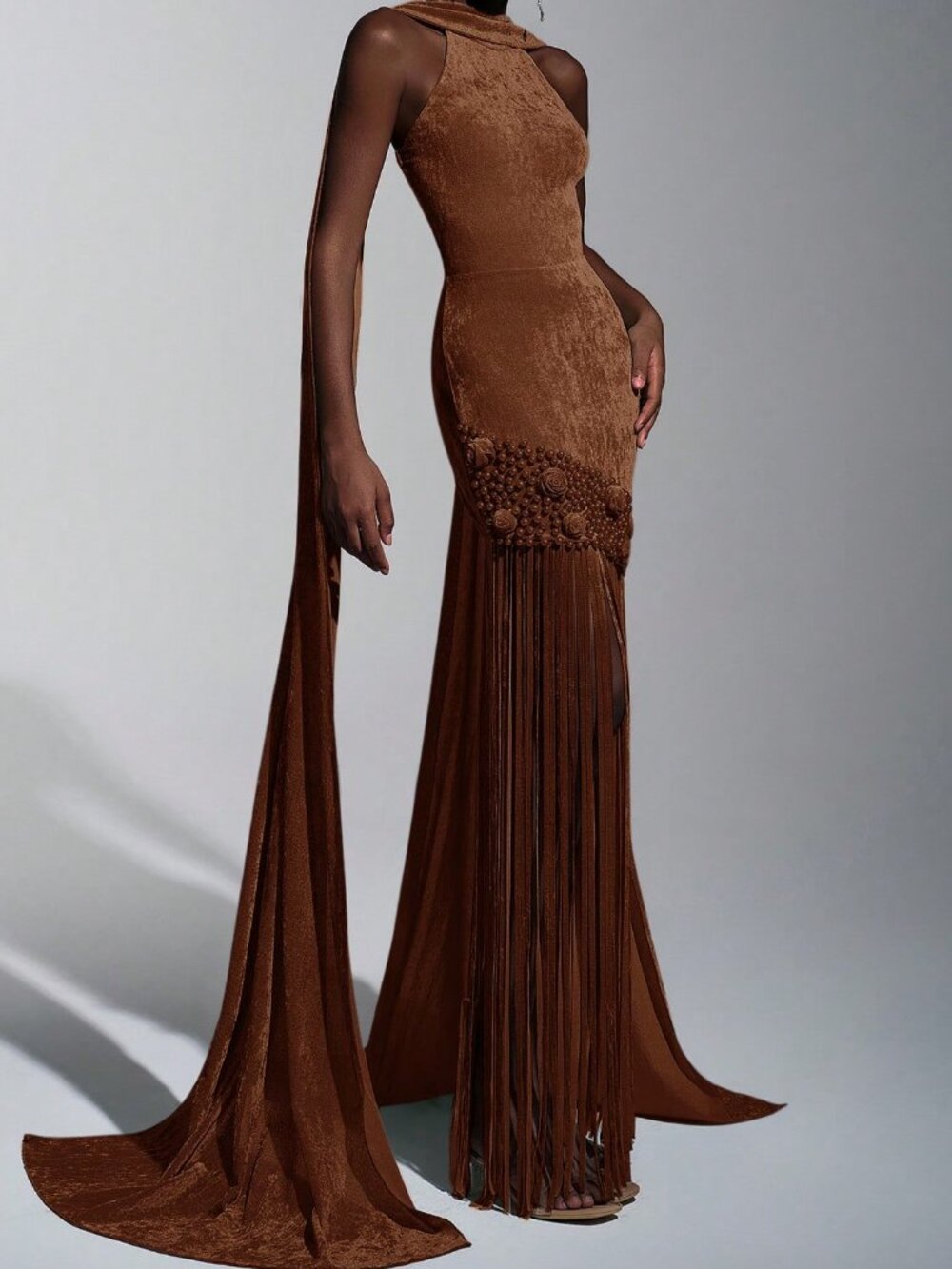 Brown Elegant Romantic Women's Velvet Tassel Sequin Party Dress - Picture 4 of 8